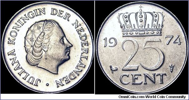 Netherlands - 25 Cent - 1974 - Weight 3 gr - Nickel - Size 19 mm - Ruler / Juliana - Design / L.O. Wenchaback - Mintage 10 000 000 - Reference KM# 183