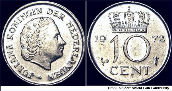 Netherlands - 10 Cent - 1972 - Weight 1,5 gr - Nickel - Size 15 mm - Ruler / Juliana - Mintage 60 000 000 - Designer / L.O. Wenchabach - Reference KM# 182