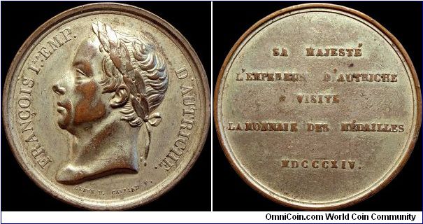 1814 L'empereur François visite la Monnaie des médailles, France.

Though it's just an awful example in my opinion it is an original strike.                                                                                                                                                                                                                                                                                                                                                                           