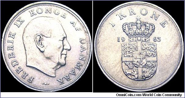 Denmark - 1 Krone - 1963 - Weight 6,8 gr - Copper / Nickel - Size 25,5 mm - Ruler / Fredrik IX - Mintage 32 083 000 - Reference KM# 851.1