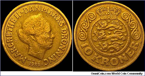 Denmark - 10 Kroner - 1989 - Weight 7 gr - Alu-Bronze - Size 23,4 gr - Thickness 2,3 mm - Ruler / Margarethe II - Engraver Obverse / H.Varming & Jan Petersen - Engraver Reverse / Johan Alkjaer - Mintage 38 346 000 - Reference KM# 867.1 (1989-1993)