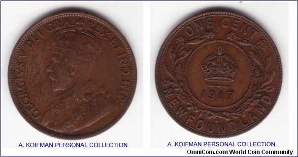 KM-16, 1917 Newfoundland cent, Royal Canadian mint; bronze, plain edge; about very fine, darkly toned