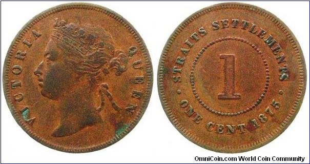 British Straits Settlements Victoria copper 1 Cent 1875.