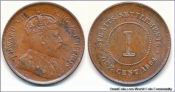 British Straits Settlements Edward VII bronze Cent, scarcer date 1904. Uncirculated. Traces of clashed dies. Rare in this condition.