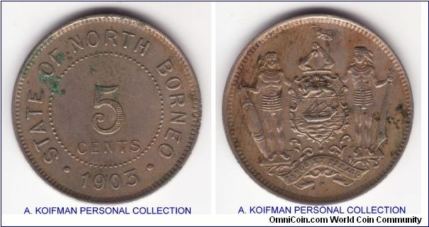 KM-5, 1903 British North Borneo 5 cents, Heaton (H mint mark); plain edge copper nickel; looks to be very fine for wear but a bit dirty.