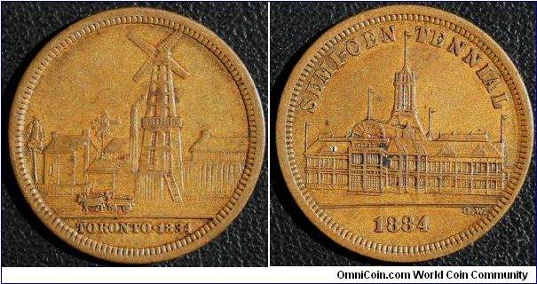 TORONTO SEMI-CENTENNIAL MEDAL 1834-1884. LeRoux#1816 Bronze 26mm Rarity 4. Obv. Windmill, houses, etc. TORONTO 1834. Rev. Exhibition Building. SEMI-CENTENNIAL, 1884. Signed G. W.