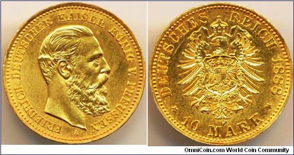 German States Prussia Friedrich III (March ~ June 1888) Gold 10 Mark 1888A. Minor scratch left of the eagle on reverse. Uncirculated.