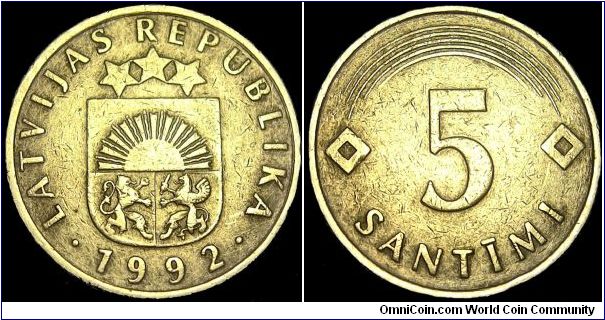 Latvia - 5 Santimi - 1992 - Weight 2,5 gr - Copper/Nickel/Zink - Size 18,5 mm - Designer / Gunars Lusis and Janis Strupulis - Edge : Plain - Reference KM# 16