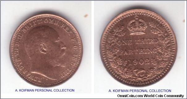 KM-791, 1902 Great Britain 1/3 farthing; plain edge, bronze; nice almost completely red specimen, brilliant uncrirculated but a tiny nickon obverse