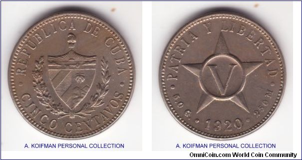 KM-11.1, 1920 Cuba 5 centavos; copper-nickel, plain edge; looks to be good very fine or better.