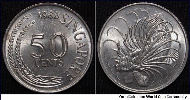 Singapore 1980 50 Cents
9.3500 g., Copper-Nickel, 27.75 mm. Obv: Value and date
Rev: Lion fish
Edge: Reeded
Mintage: 14,717,000