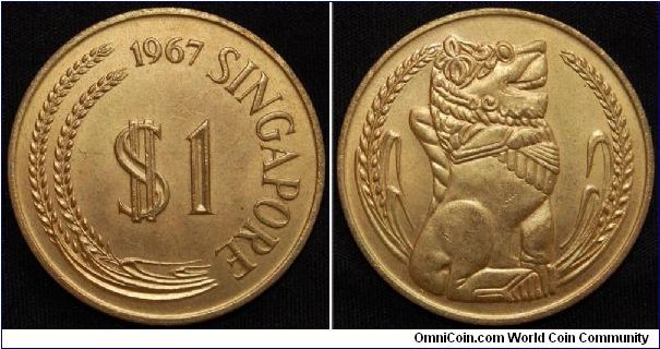 Singapore 1967 1 Dollar
Should be altered coin as it was not suppose to be gold color.
Mintage: 3,000,000.