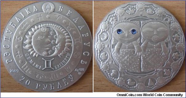 20 Rubles - Zodiac sign Gemini - 28.28 g Ag .925 UNC (with 2 artificials crystals) - mintage 25,000
