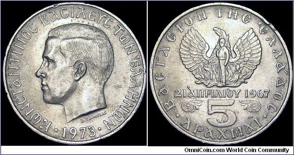 Greece - 5 Drachmai - 1973 - Weight 9 gr - Copper-Nickel - Size - 27,5 mm - Regent / Konstantinos II - Designer / Vassos Phalireas - Mintage 3 166 000 - Edge : Reeded - Reference KM# 100