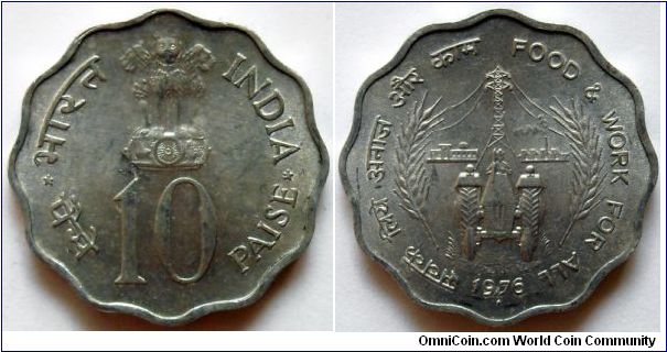 10 paise.
1976, Food and Work For All (F.A.O. Issue)