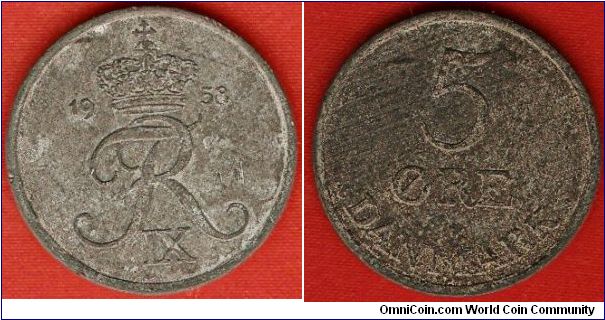 5 ore
crowned FR IX monogram of king Frederik IX
zinc