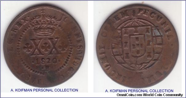 KM-316.2, 1820 Brazil Colony XX (20) reis, Bahia mint; copper; this coin has little wear but crudely struck; small low sitting crown ith small cross on top