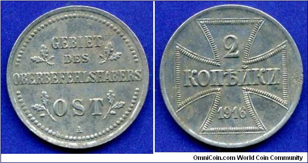 2 kopeeks.
*OST*.
Issued under the authority of the German Military Commander of the East. Military coinage WWI.
'A' - Berlin mint.
Mintage 6,973,000 units.


Fe.