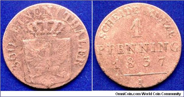 1 pfenning.
Kingdom of Prussia.
Friedrich Wilhelm III (1797-1840).
'A' - Berlin mint.


Cu.