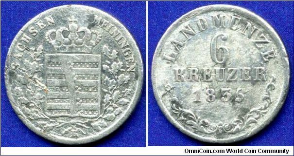 6 kreuzer.
Saxe-Meiningen Land Munze (Land Coin).
Reinhard II (1821-1866).
'K' - mintmaster George Krell.
Mintage 432,000 units.


Ag347f. 2,44gr.