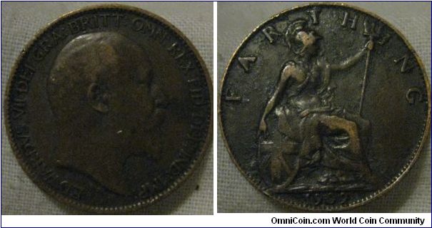 VF 1909 farthing, obverse is very nice, reverse shows the wear though