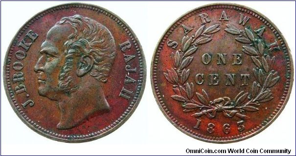 Sarawak Rajah James Brooke One Cent. Extra fine or better.