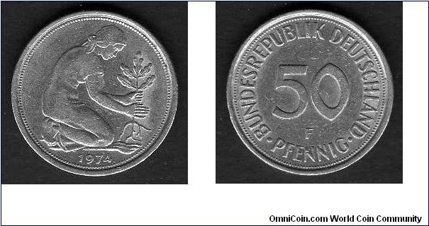 *GERMAN FEDERAL REPUBLIC*__

50 Pfenning__

km# 109.2__

Mint Mark
(F) Stuttgard__

Plain Edge__

1972+
