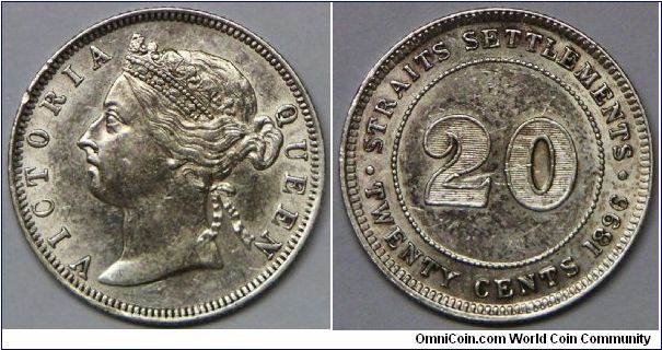 British Straits Settlements Queen Victoria 20 Cents 1896. Probably dipped, Rim nick, AU detail. [SOLD]