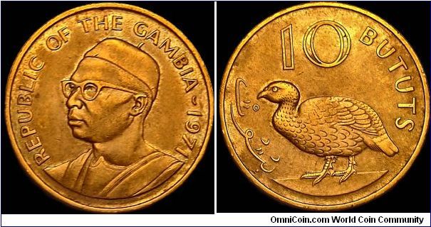 Gambia - 10 Bututs - 1971 - Weight 6,2 gr - Nickel / Brass - Size 25,9 mm - President / Dawda Kairaba Jawara - Designer Obverse / Michael Rizzello - Mintage 3 000 000 - Edge : Plain - Reference KM# 10