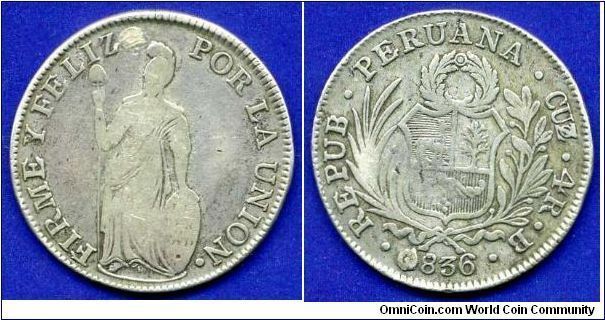 4 real.
Republica Peruana.
'CUZo' - monogram Cuzco mint.


Ag667f. 13,0gr.