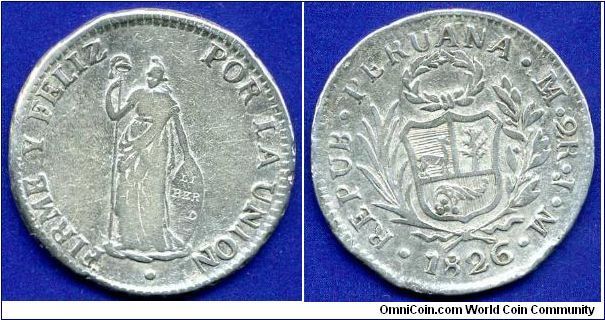 2 real.
Republica Peruana.
'LiMAE' - monogram Lima mint.


Ag903f. 6,77gr.