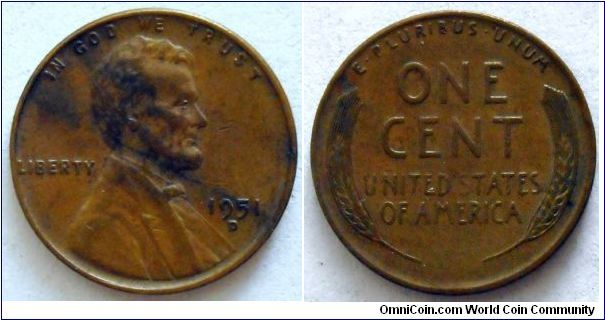 1 cent.
1951 (Denver Mint)