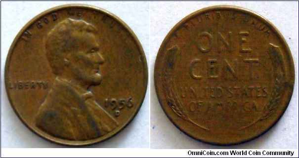 1 cent.
1956 (Denver Mint)