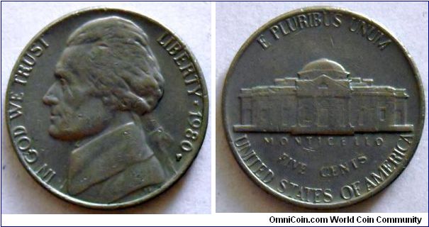 5 cents.
1980, (P) Philadelphia Mint