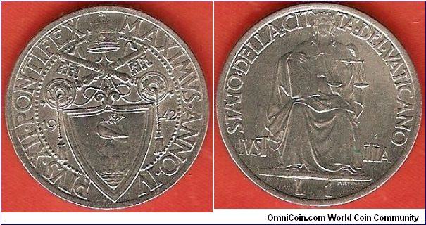1 lira
Pius XII Anno IV
Iustitia
stainless steel
mintage 284,000