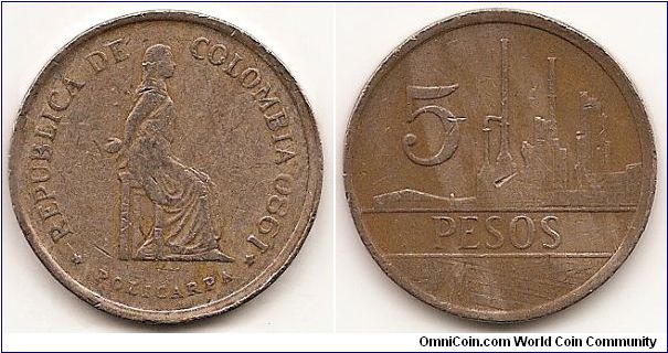 5 Pesos
KM#268
Bronze, 26.3 mm. Obv: Seated figure right Rev: Denomination and buildings