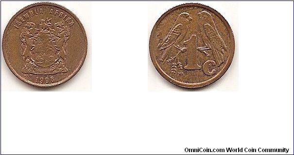 1 Cent
KM#170
1.5000 g., Copper Plated Steel, 15 mm. Obv: Arms with supporters Obv. Leg.: Ndebele legend Rev: Value divides sparrows
