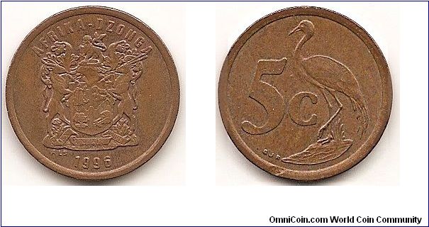 5 Cents
KM#160
4.5000 g., Copper Plated Steel, 21 mm. Obv: Arms with supporters Obv. Leg.: AFRIKA DZONGA, Tsonga legend Rev: Blue crane