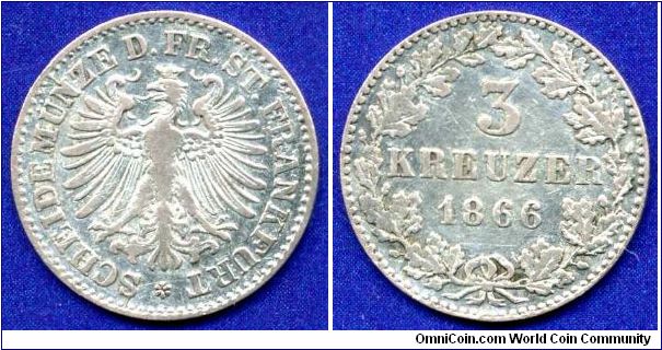 3 kreuzer.
Freie Stadt Frankfurt.
Mintage 96,000 units.


Ag333f. 1,29gr.