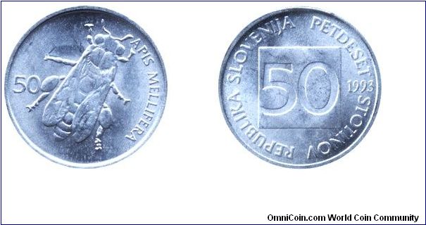 Slovenia, 50 stotins, 1993, Al, 20mm, 0.85g, Apis mellifera, bee.                                                                                                                                                                                                                                                                                                                                                                                                                                                   