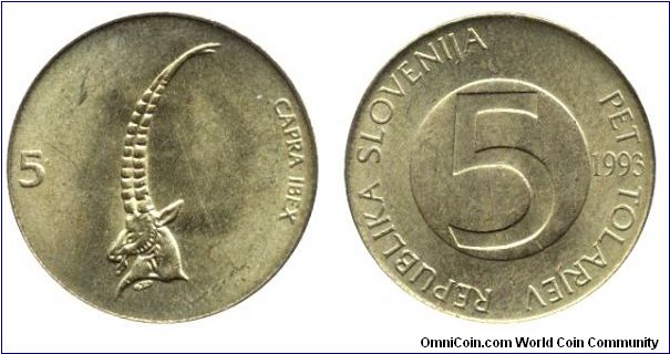 Slovenia, 5 tolars, 1993, Brass, 26mm, 6.4g, Capra ibex, Mountain goat.                                                                                                                                                                                                                                                                                                                                                                                                                                             