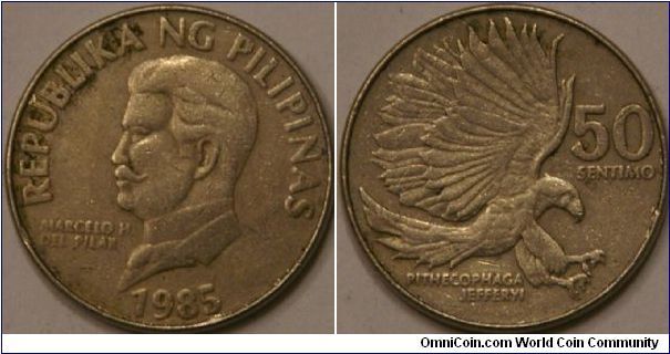 50 sentimos. Marcelo Hilario del Pilar, journalist and reformist in revolution from Spain. The Great Philippine Eagle on the reverse. Cu-Ni,25 mm