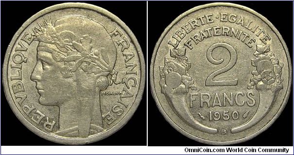 France - 2 Fracs - 1950 - Weight 2,2 gr - Aluminum - Size 27 mm - President / Vincent Jules Auriol - Designer / Pierre Alexandre Morlon - Mintage 12 191 000 - Edge : Plain - Reference KM# 886a.1