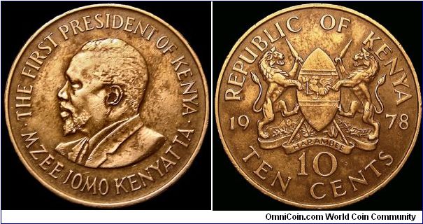 Kenya - 10 Cents - 1978 - Weight 9,4 gr - Nickel / Brass - Size 30,8 mm - President / Jomo Kenyatta - Mintage 22 660 000 - Edge : Plain - Reference KM# 11