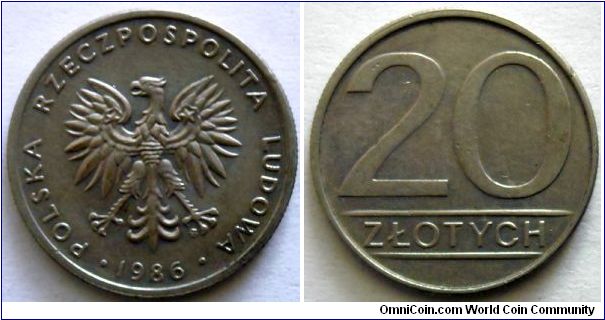 20 zlotych.
1986, Cu-ni. Weight 8,7g. Diameter 26mm.
Mintage 37.959.000 units.