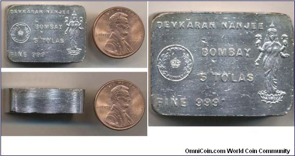 BRITISH INDIA: AR 5 tolas (58.4g), ND (ca. 1938-47). Devkaran Nanjee (Banking Company Ltd.) Bombay, struck at H.M. Mint, Bombay on thick rectangular bar. Reverse: Blank (I display the obverse on the 'REVERSE' to display clearer picture). About uncirculated.
