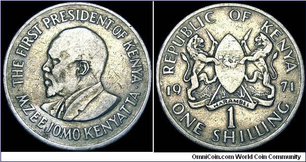 Kenya - Shilling - 1971 - Weight 7,8 gr - Copper / Nickel - Size 27,8 mm - President / Jomo Kenyatta - Designer / Norman Sillman - Mintage 24 000 000 - Edge : Reeded - Reference KM# 14