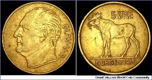 Norway - 5 Öre - 1960 - Weight 8,0 gr - Bronze - Size 27 mm - Regent / Olav V (1957-91) - Mintage 5 519 000 - Edge : Reeded - Reference KM# 405 (1958-73) 