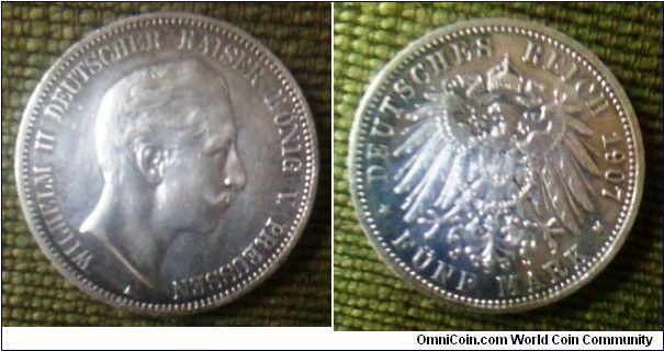 1907 Prussian Silver coin of Wilhelm II.
38.2mm diameter 
thanks Dr.Bauer!