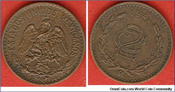 United Mexican States
2 centavos
eagle with snake on cactus
bronze